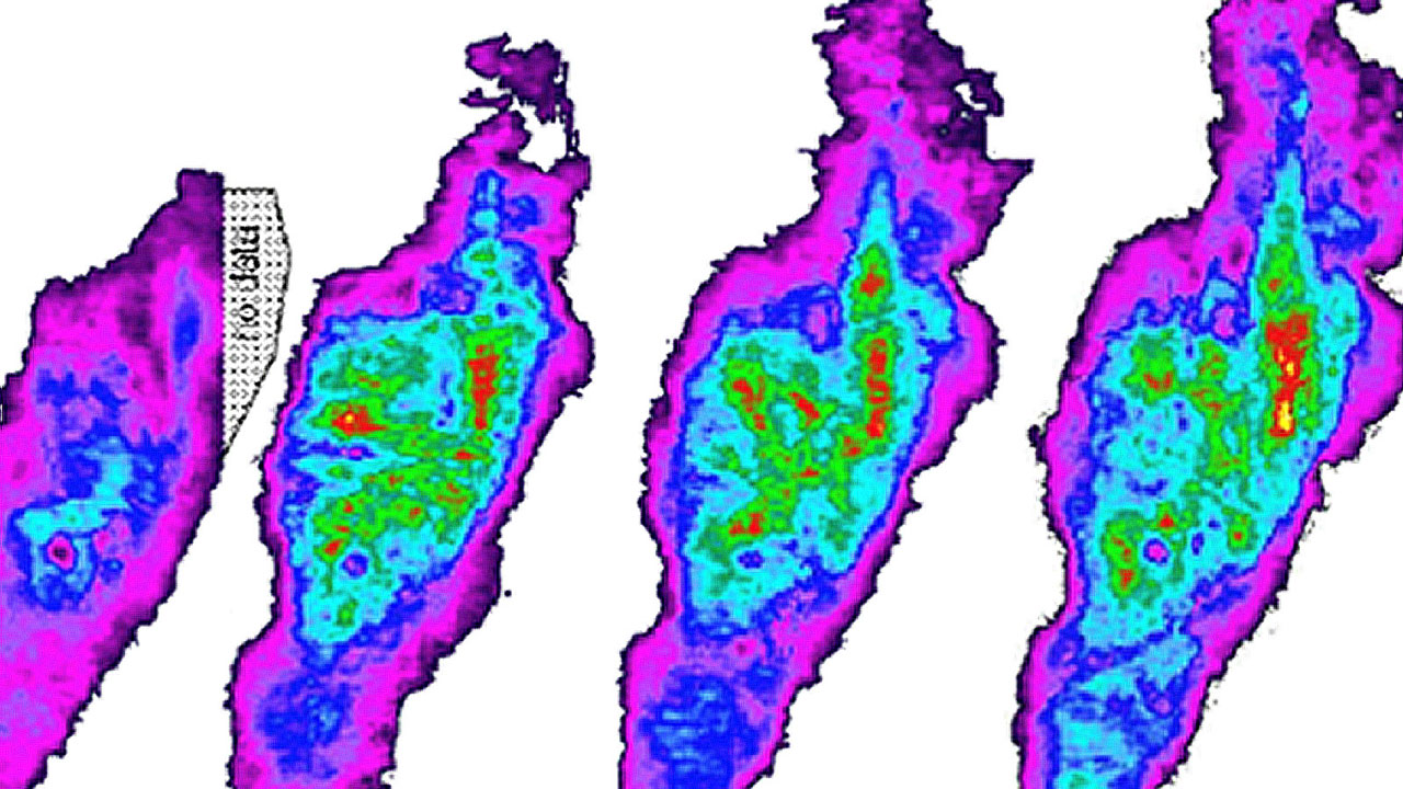 Siesmic data map showing CO2 concentrations in Sleipner West Carbon Capture Storage, indicated by different colours
