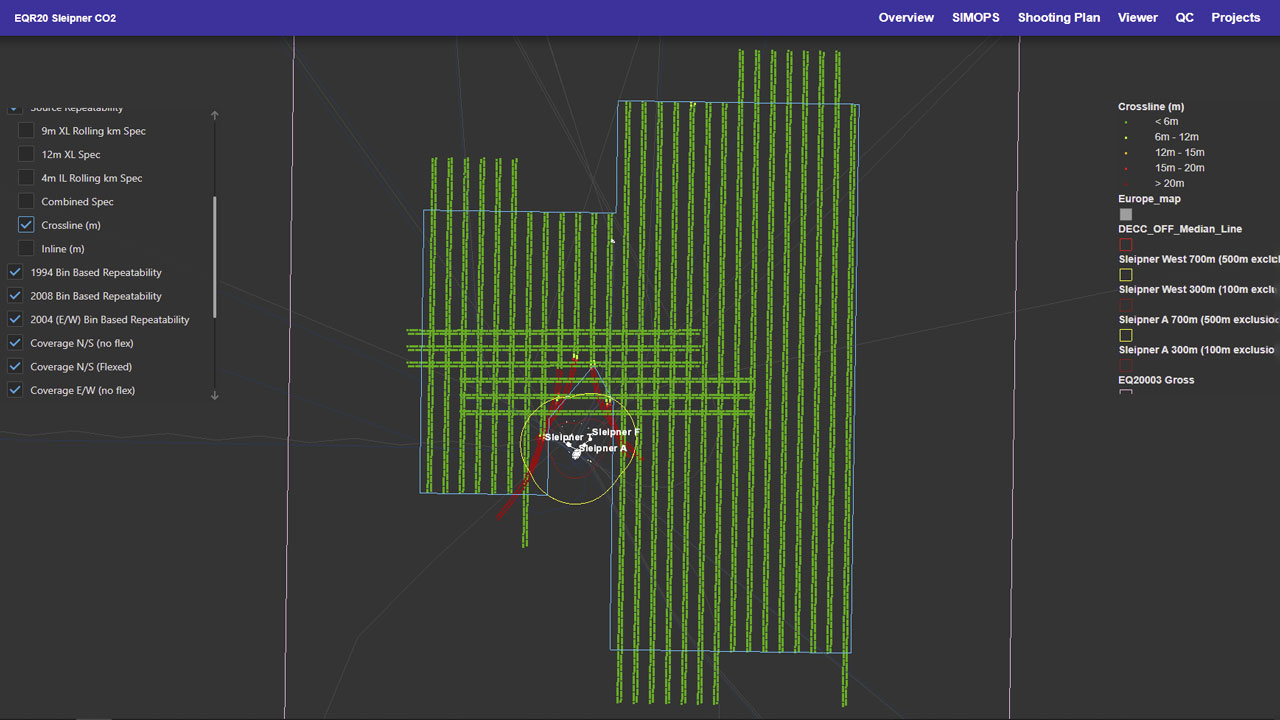 Map of 2D/4D seismic data with green lines indicating good positioning repeatability and low errors