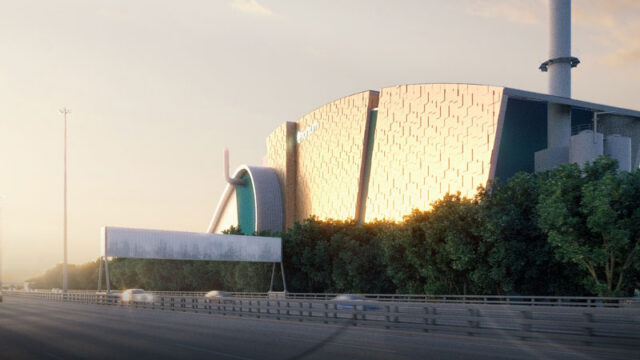 An illustration of the outside of an Energy from Waste plant showing the main building and large chimney stack partially screened by hedging