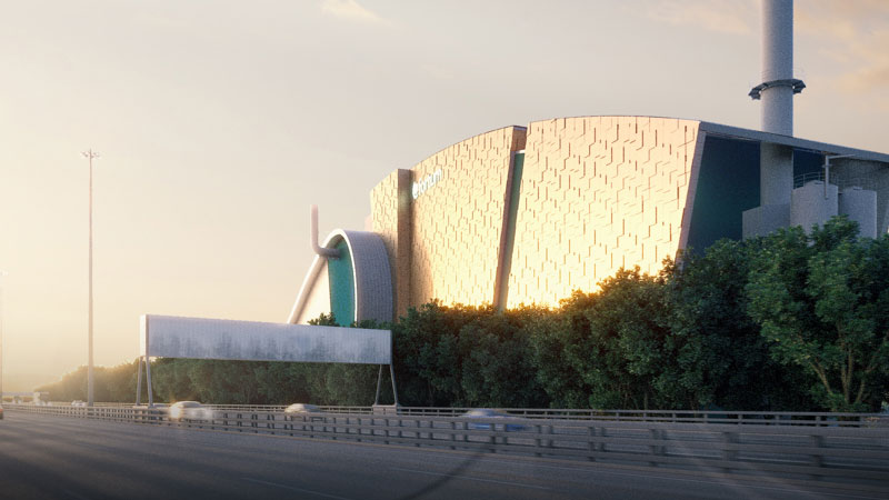 An illustration of the outside of an Energy from Waste plant showing the main building and large chimney stack partially screened by hedging