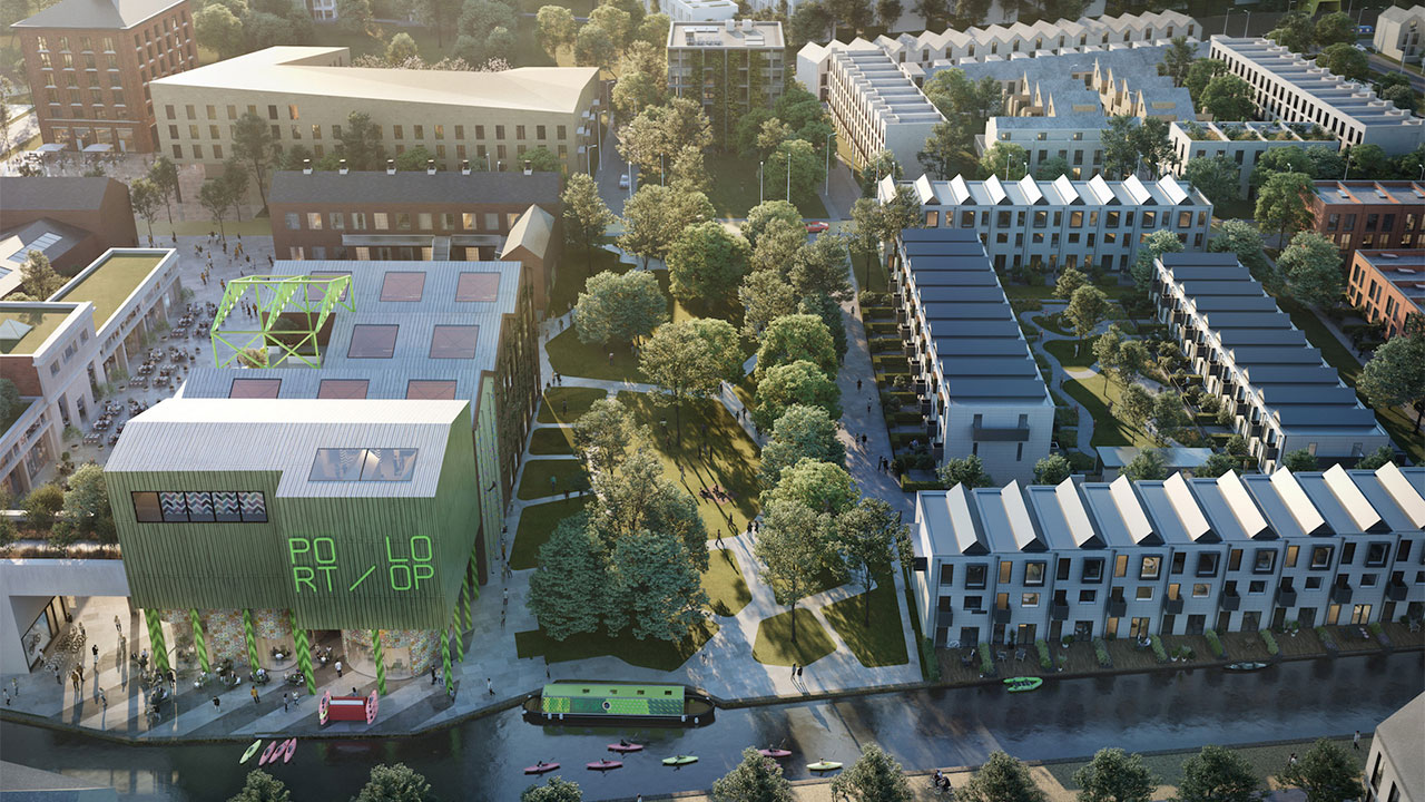 CGI aerial view of Port Loop, showing residential buildings and green public spaces alongside the canal