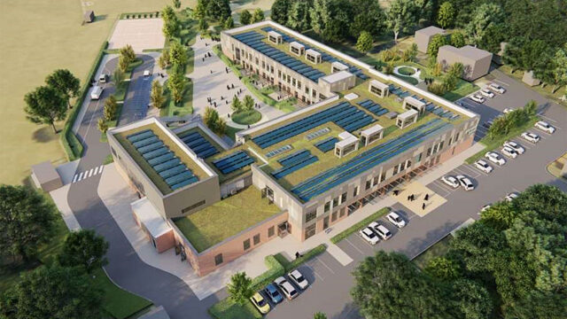 Illustration of an aerial view of the new Pinewood School building showing rooftop solar panels