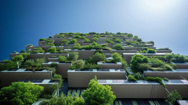 View looking upwards at balconies covered in greenery on a high rise building