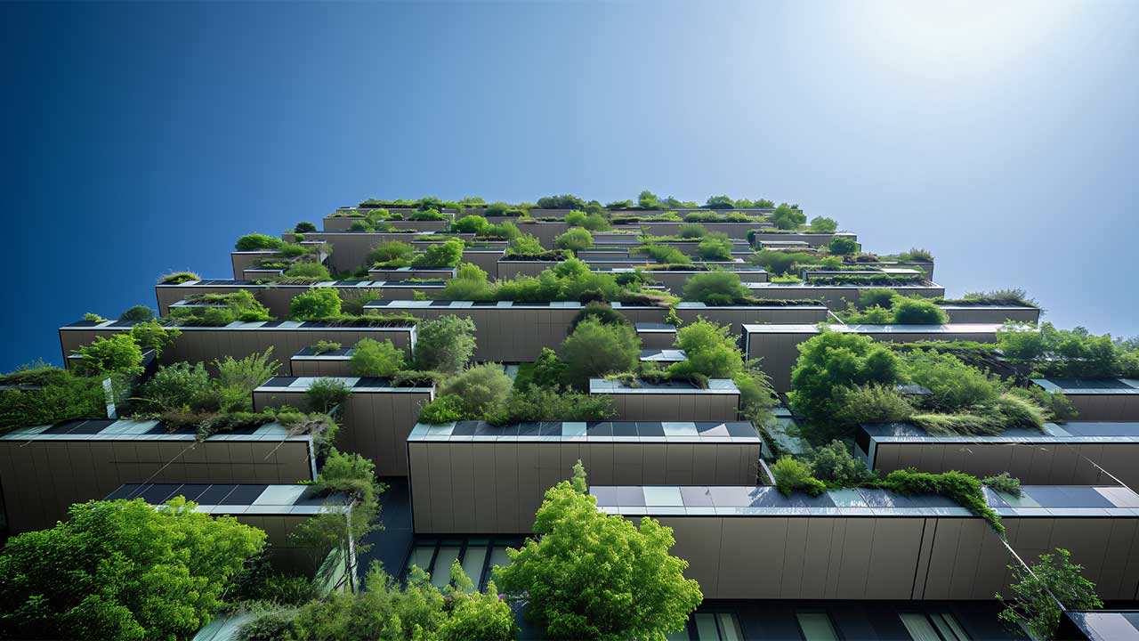 View looking upwards at balconies covered in greenery on a high rise building