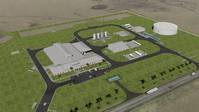 Site plan rendering​​ showing buildings, treatment structures, storage tanks, and surrounding access roads on a green site