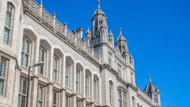 Façade of Maughan Library, Kings College London, a grand 19th-century neo-Gothic building