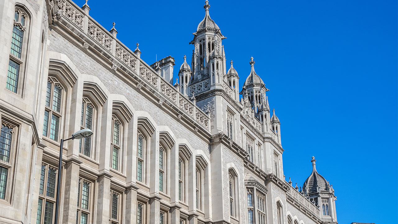 Façade of Maughan Library, Kings College London, a grand 19th-century neo-Gothic building