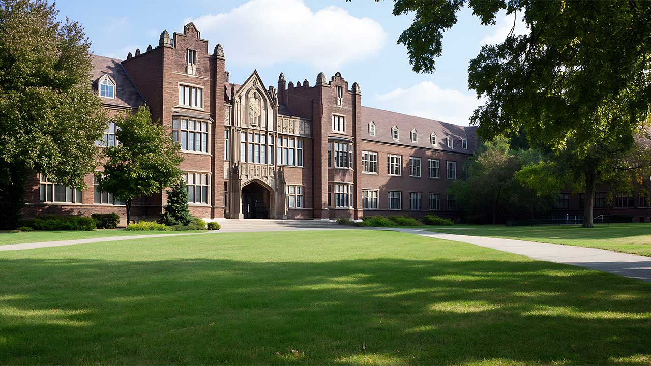 A view across green lawns towards the front of an historic gothic style building with a large stone entrance and turreted four story towers on either side