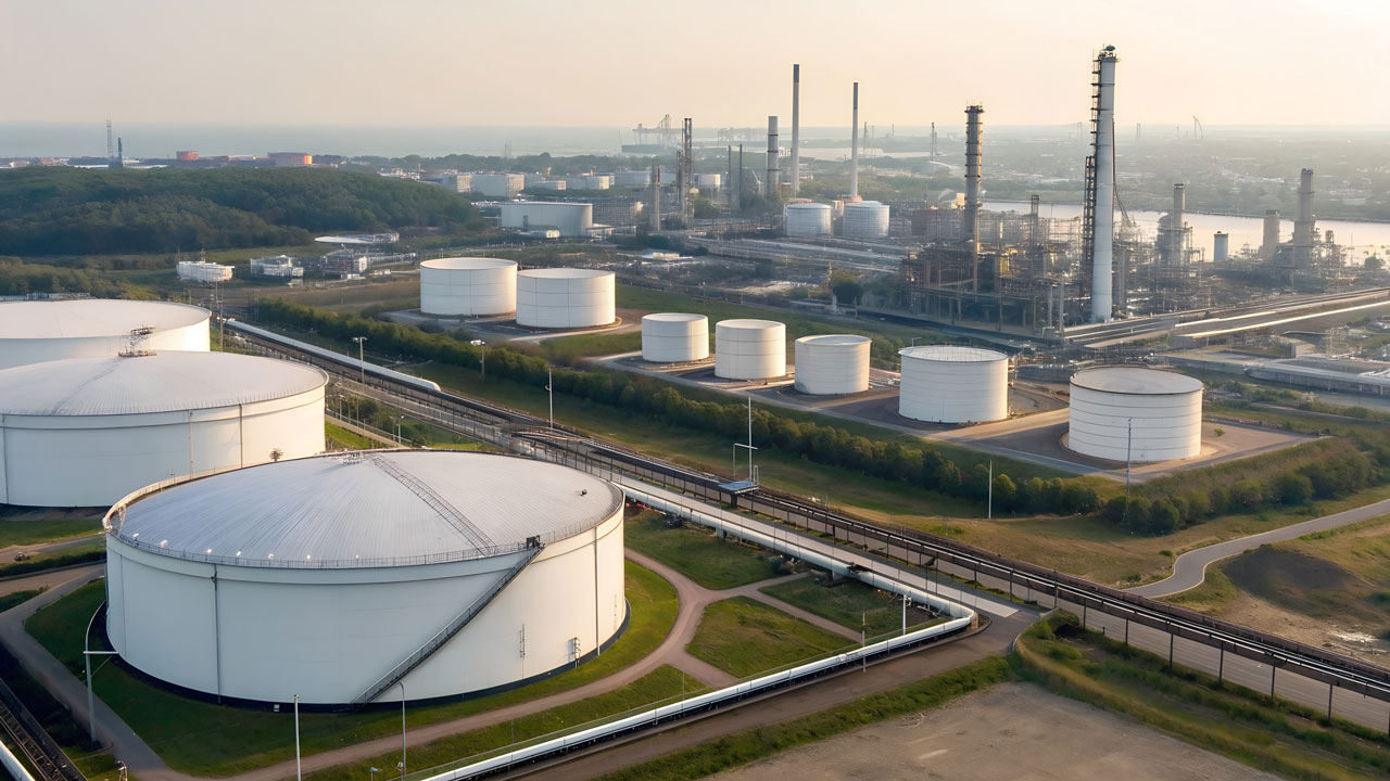 An aerial view of a bio-resource plant showing large white tanks and industrial buildings to in the background