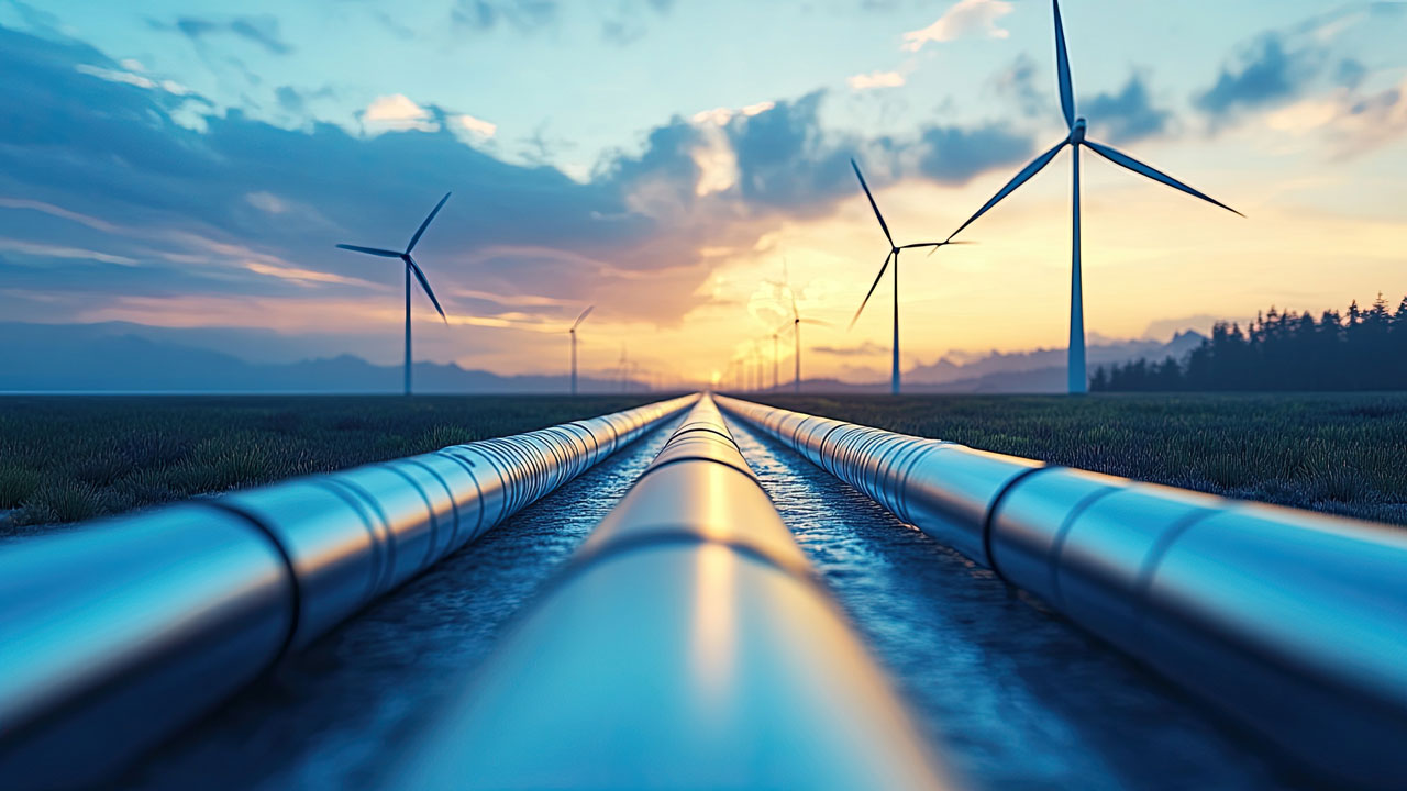 Three large pipelines running through a field with wind turbines in the background at dusk