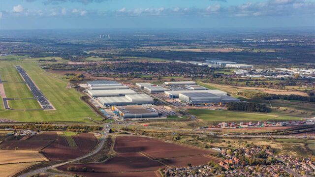 Aerial view of SEGRO Logistics Park, showing ten industrial units amidst countryside