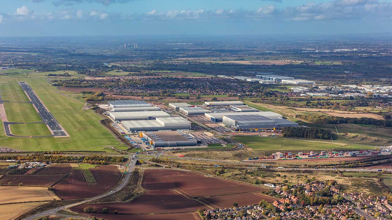 Aerial view of SEGRO Logistics Park, showing ten industrial units amidst countryside