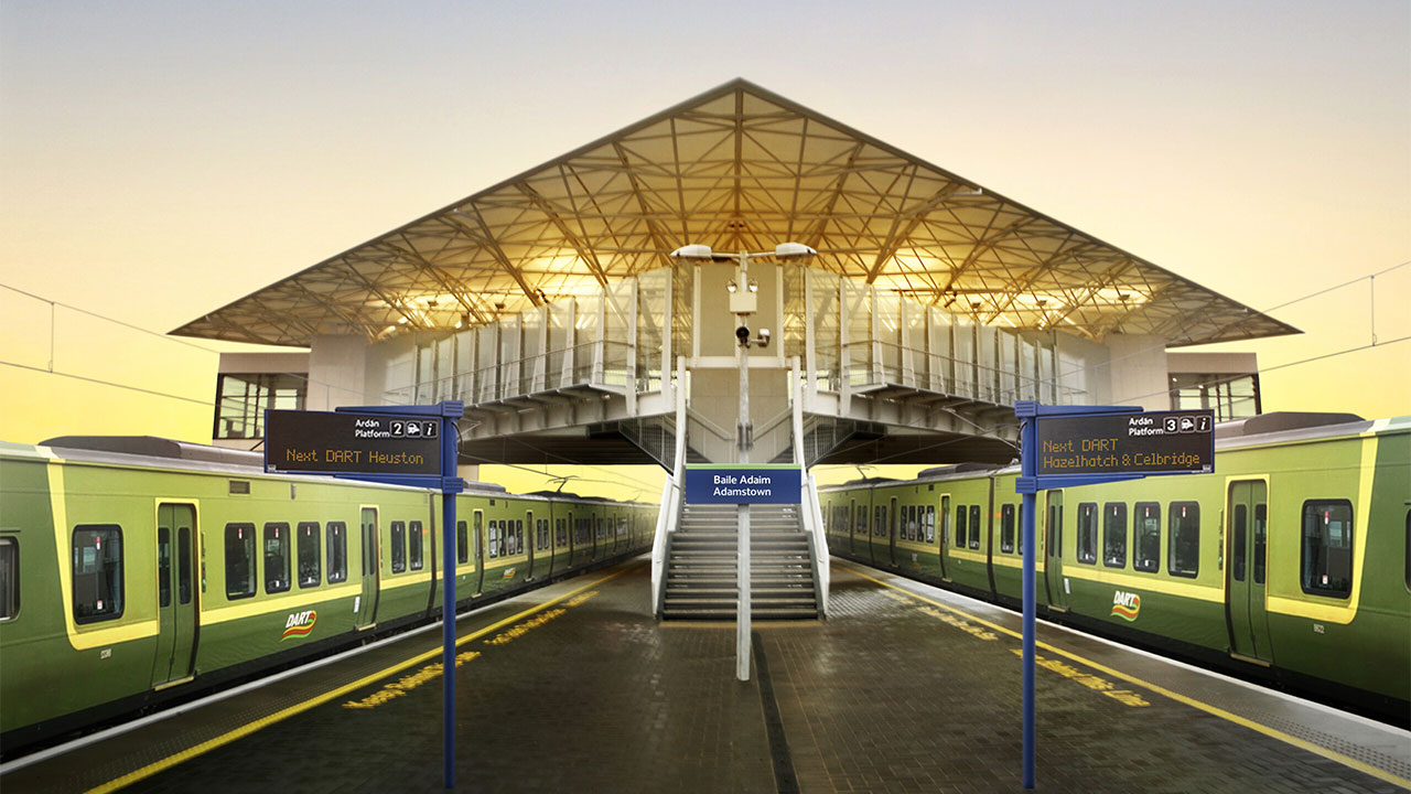 REnder image of a local railway station with two platforms and a train standing at each platform