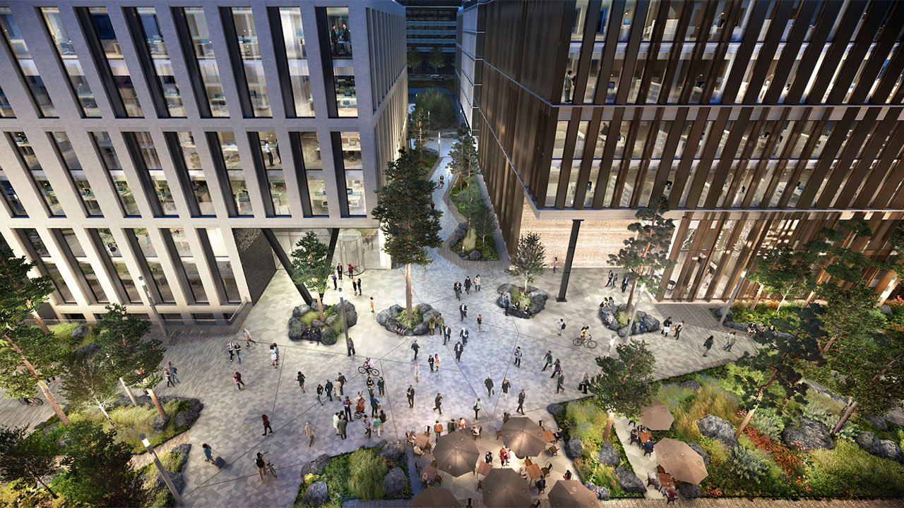 Render image of a dynamic property development site at night