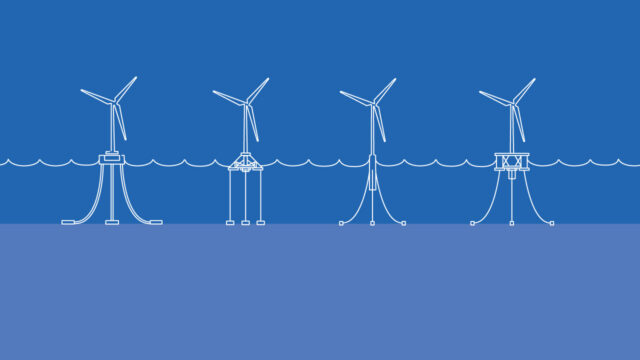 Illustration of floating offshore wind turbines showing the different types of foundation