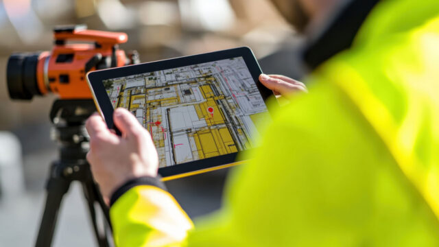 Engineer using an iPad to review construction plans outdoors while wearing a safety jacket
