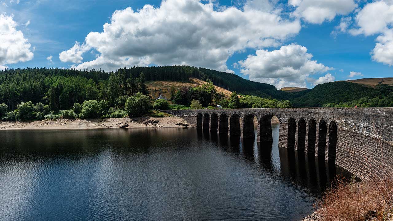 A view of the bridge across the Elan Valley Reservoir in Wales