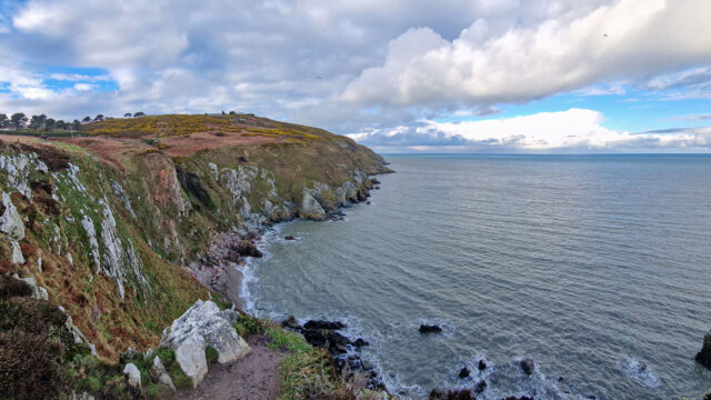 A view from clifftops looking out along the coastline and out to sea