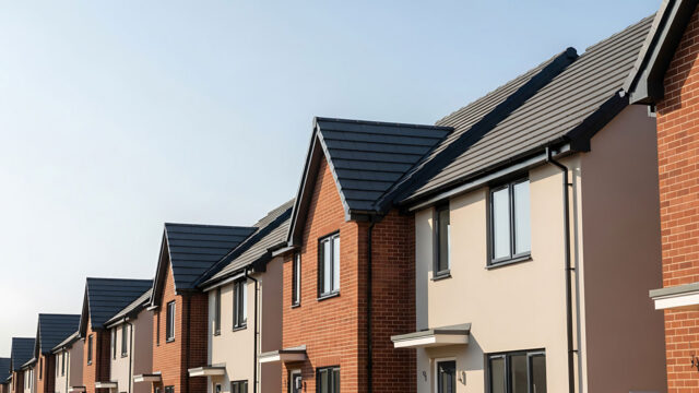 Row of newly built modern terraced houses under a clear blue sky