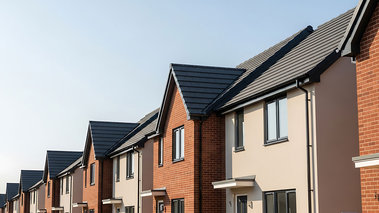 Row of newly built modern terraced houses under a clear blue sky