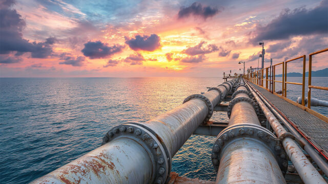 View looking along the length of a commercial gas pipeline running above the ocean, with a metal walkway alongside, the ocean behind, with a sunset on the horizon