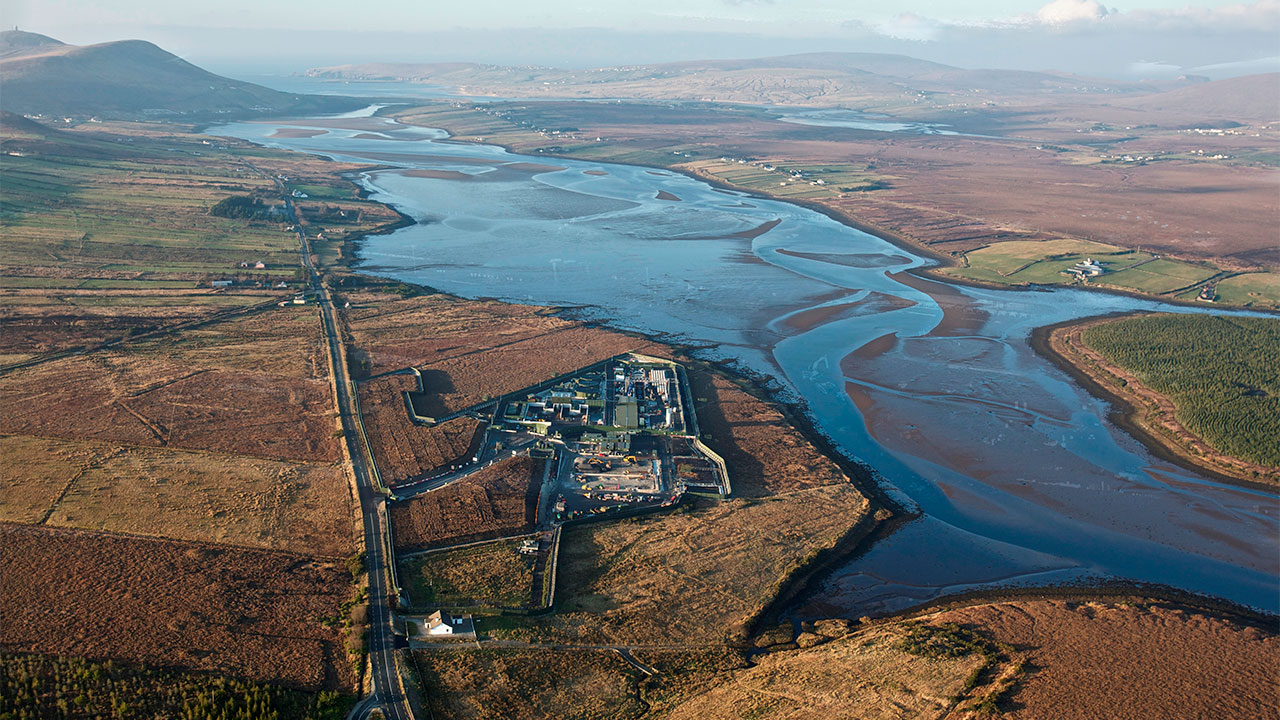 Aerial image of a rural coastal area dominated by an estuary in Ireland