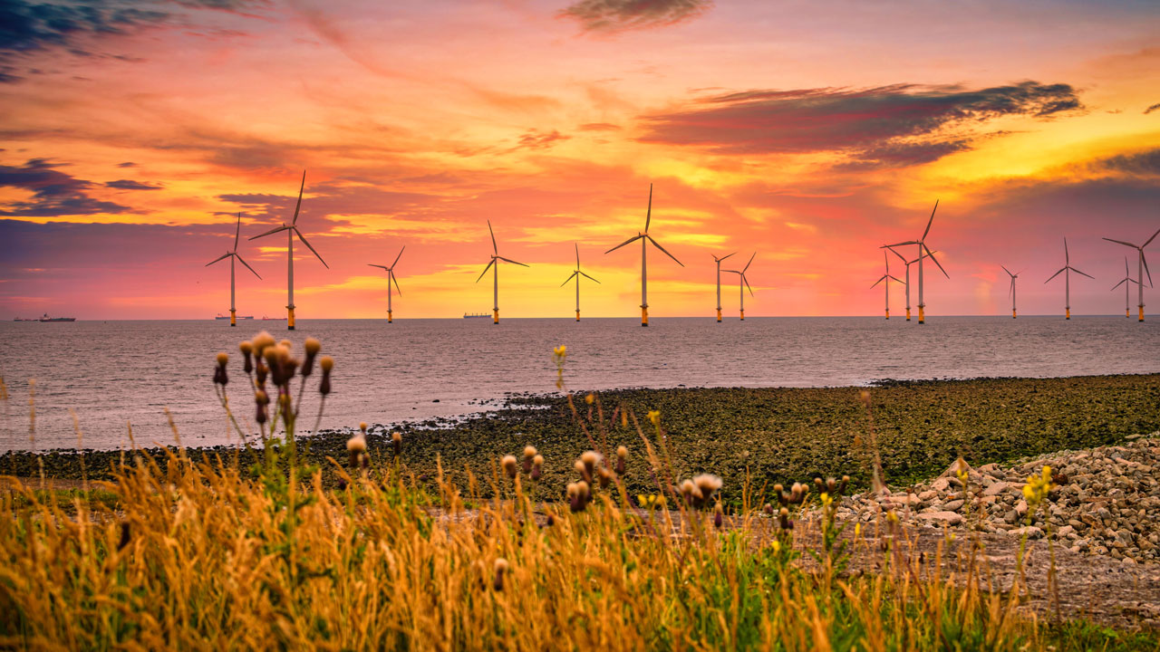 A view from the shoreline across the sea with the sun setting behind wind turbines on the horizon