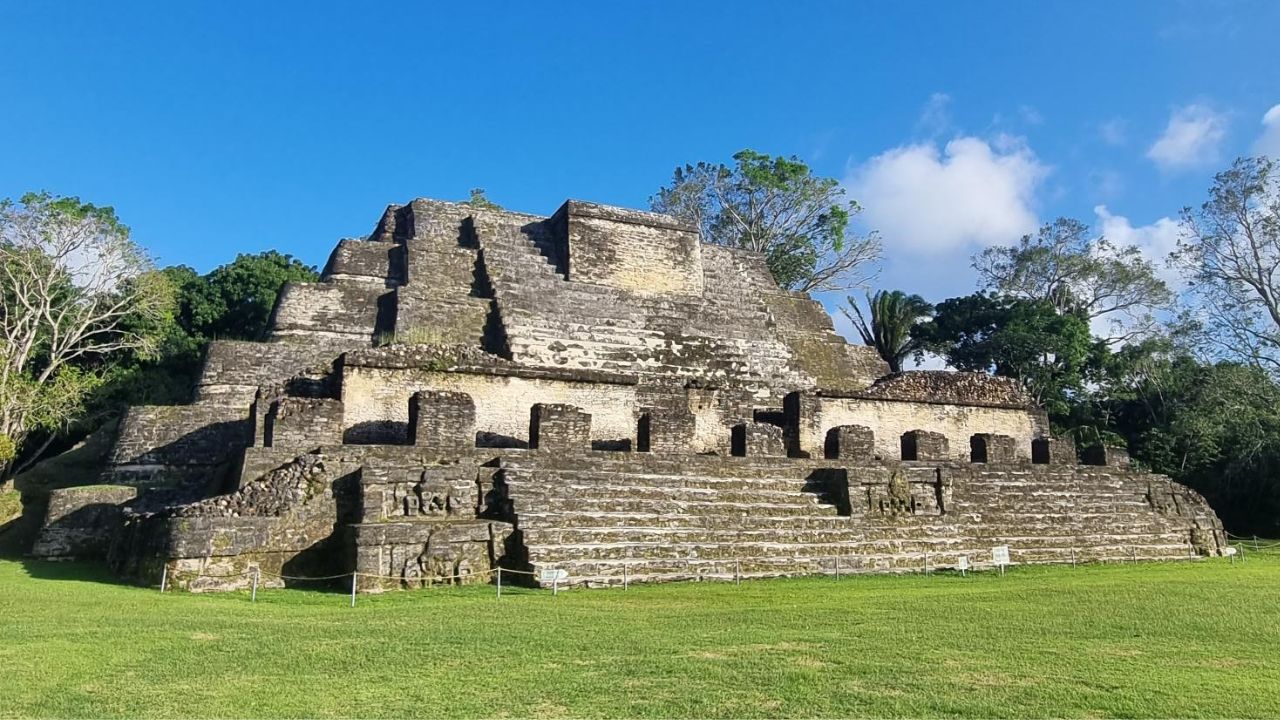 A view of an ancient Mayan pyramid surrounded by lush greenery and a clear blue sky