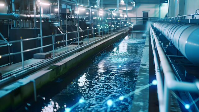 Industrial water treatment channel with pipes and railings, overlaid with blue digital network graphics