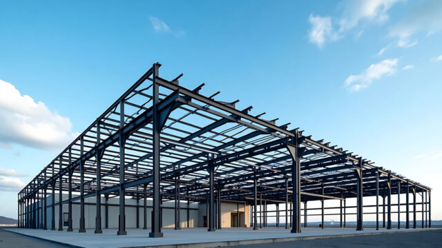 A view of the steel framework of a warehouse under construction against a blue sky