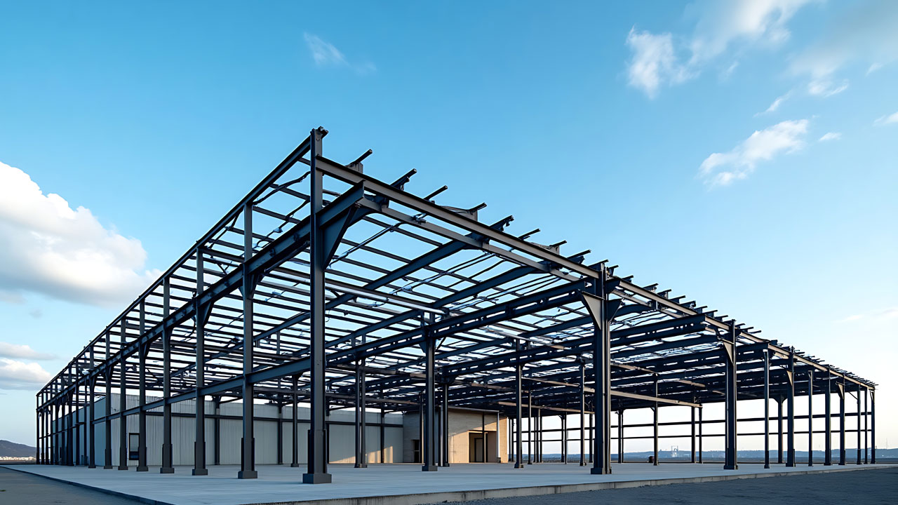 A view of the steel framework of a warehouse under construction against a blue sky