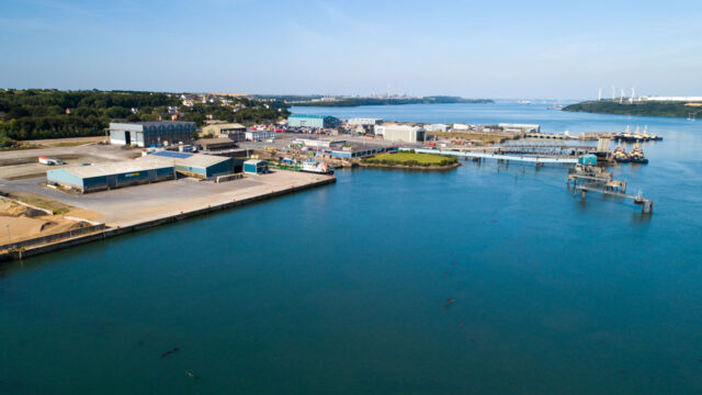 Aerial view of industrial buildings at Pembroke Port
