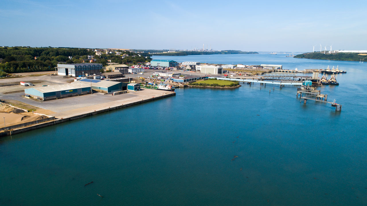 Aerial view of industrial buildings at Pembroke Port