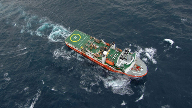 Aerial view of the Veritas Viking working a seismic grid recording fuel reserves