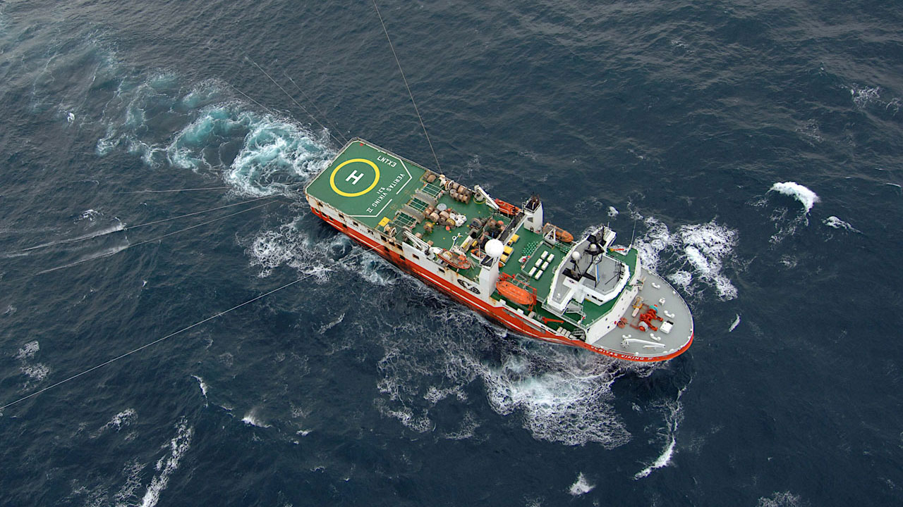 Aerial view of the Veritas Viking working a seismic grid recording fuel reserves