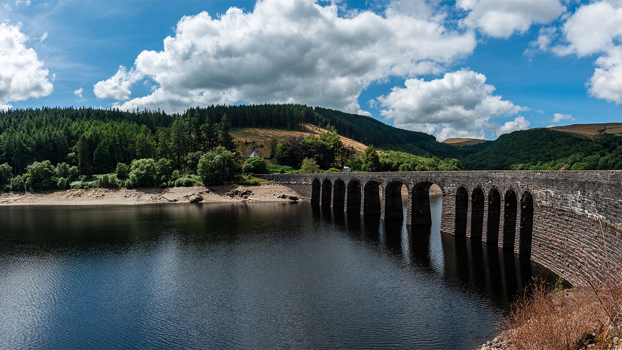 A view of the bridge across the Elan Valley Reservoir in Wales