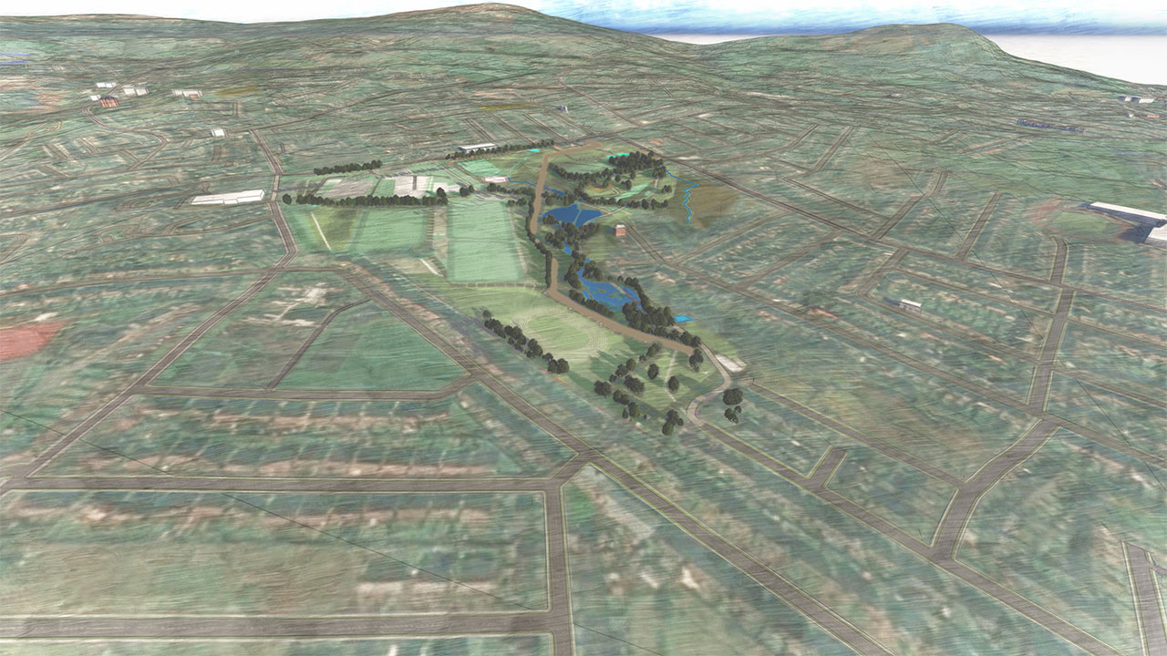 An aerial render of a water treatment plant in an urbanized area