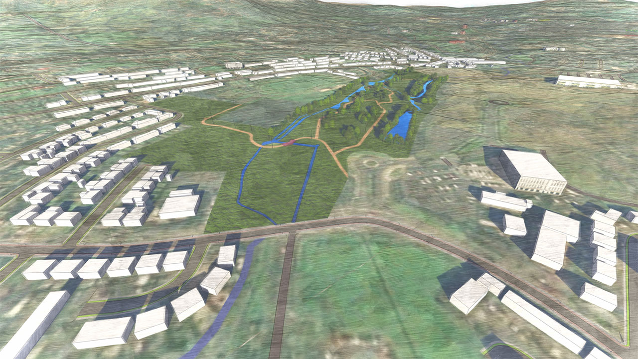 An aerial render of a water treatment plant in an urbanized area