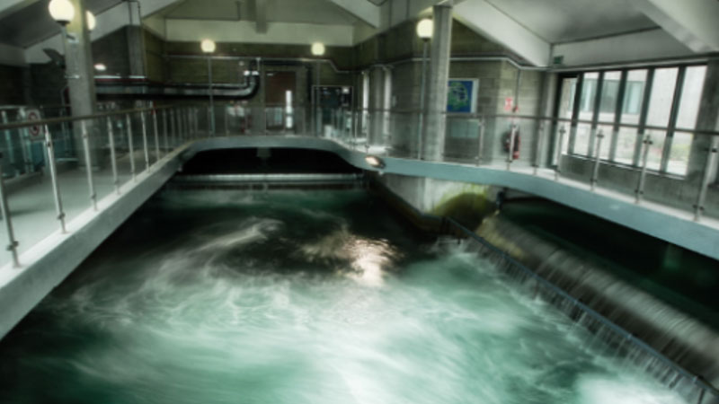 Photograph of the inside of a water treatment plant with flowing water