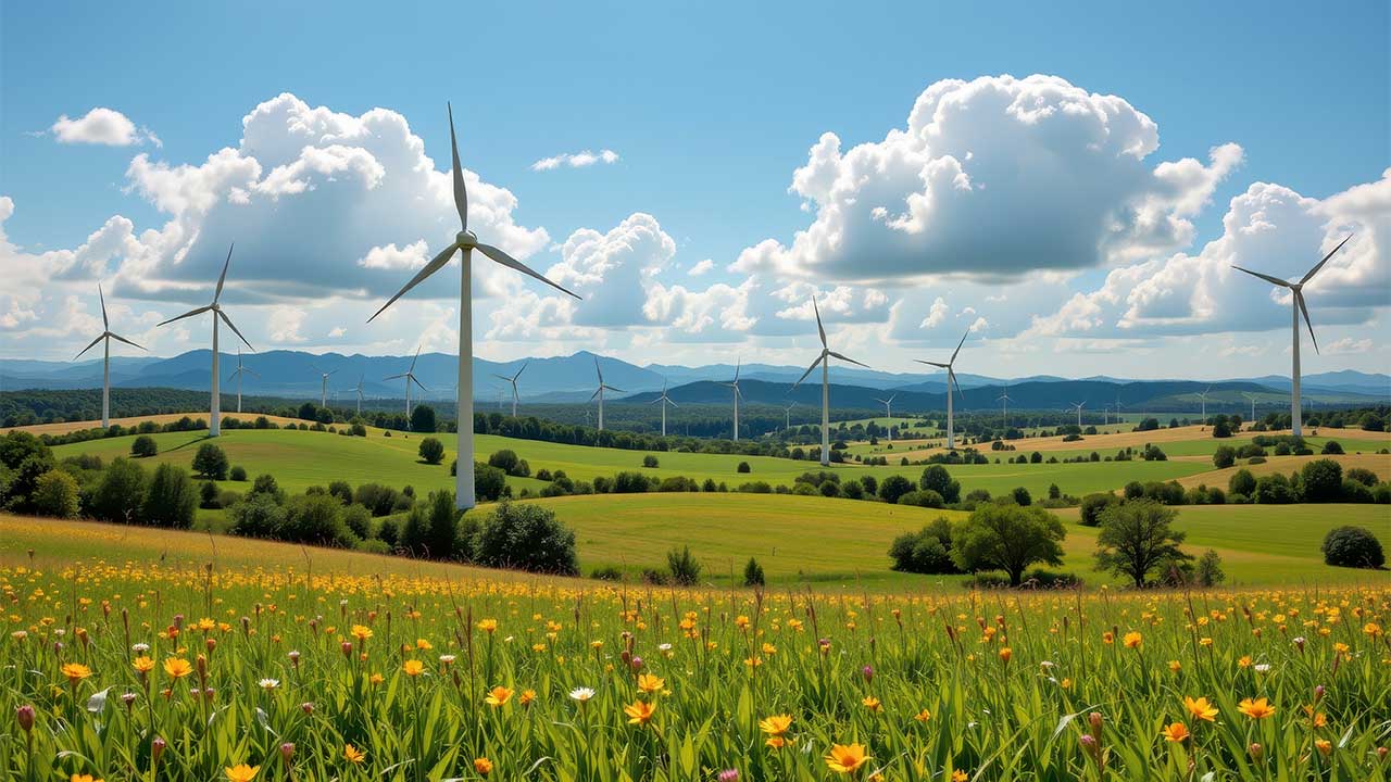 View of a wind farm against a blue sky with flowers in the foreground