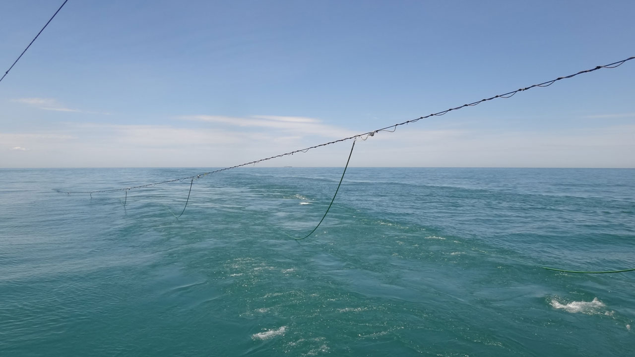 A sea view showing the wake of a ship and cables leading underwater, attached to instrumentation being pulled behind the vessel