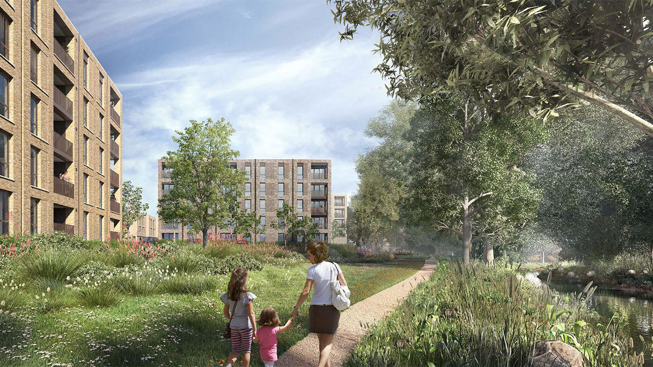Illustration of a family walking towards modern blocks of flats