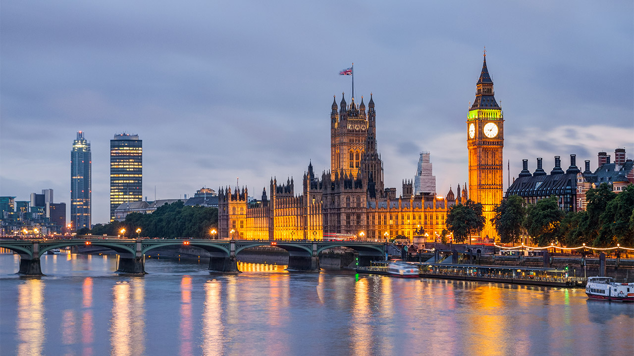 A view of the Thames and the Houses of Parliament behind, London