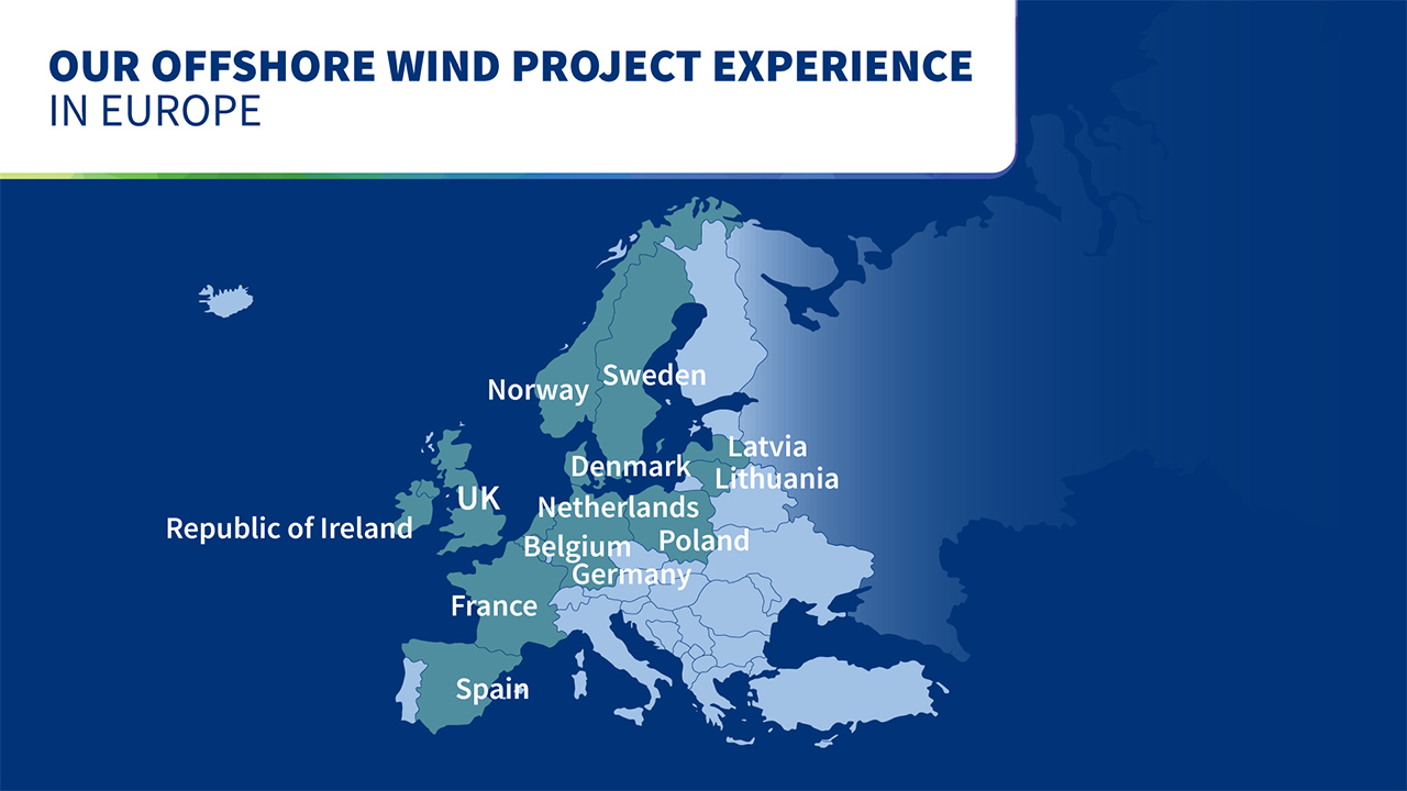 Map of Europe with showing all the countries where Tetra Tech has offshore wind experience including UK, Republic of Ireland, Norway, Sweden, Denmark, Netherlands, Latvia, Lithuania, Poland, Belgium, Germany, France, Spain