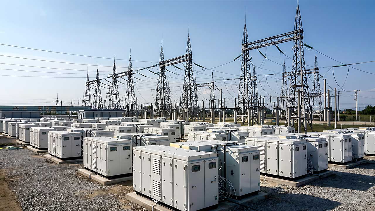 Multiple rows of white metal containers housing banks of batteries with a group of high voltage electricity pylons and overhead cabling behind
