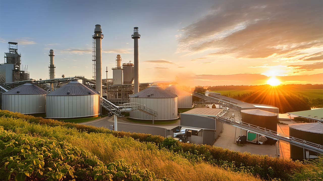 Aerial photo of new-build biomass-powered combined heat and power station