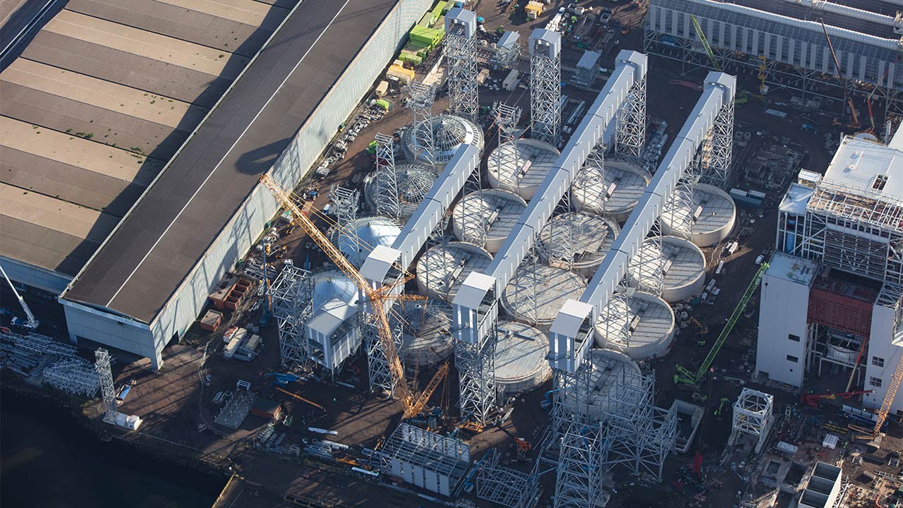 Aerial photo of new-build biomass-powered combined heat and power station