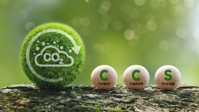 Large green fuzzy ball labelled with CO2 alongside three smaller white balls labelled CCS