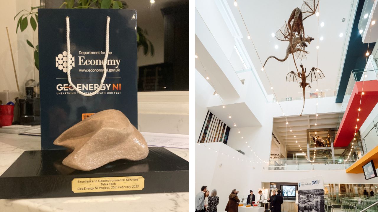 A split image featuring an award trophy on the left and an interior view of a building with high ceilings and decorative lighting on the right