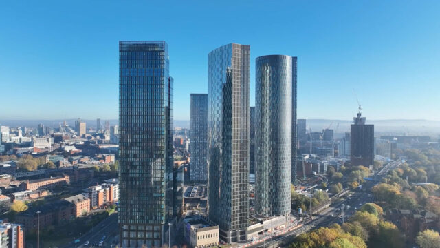 Aerial view of the Deansgate Towers in downtown Manchester